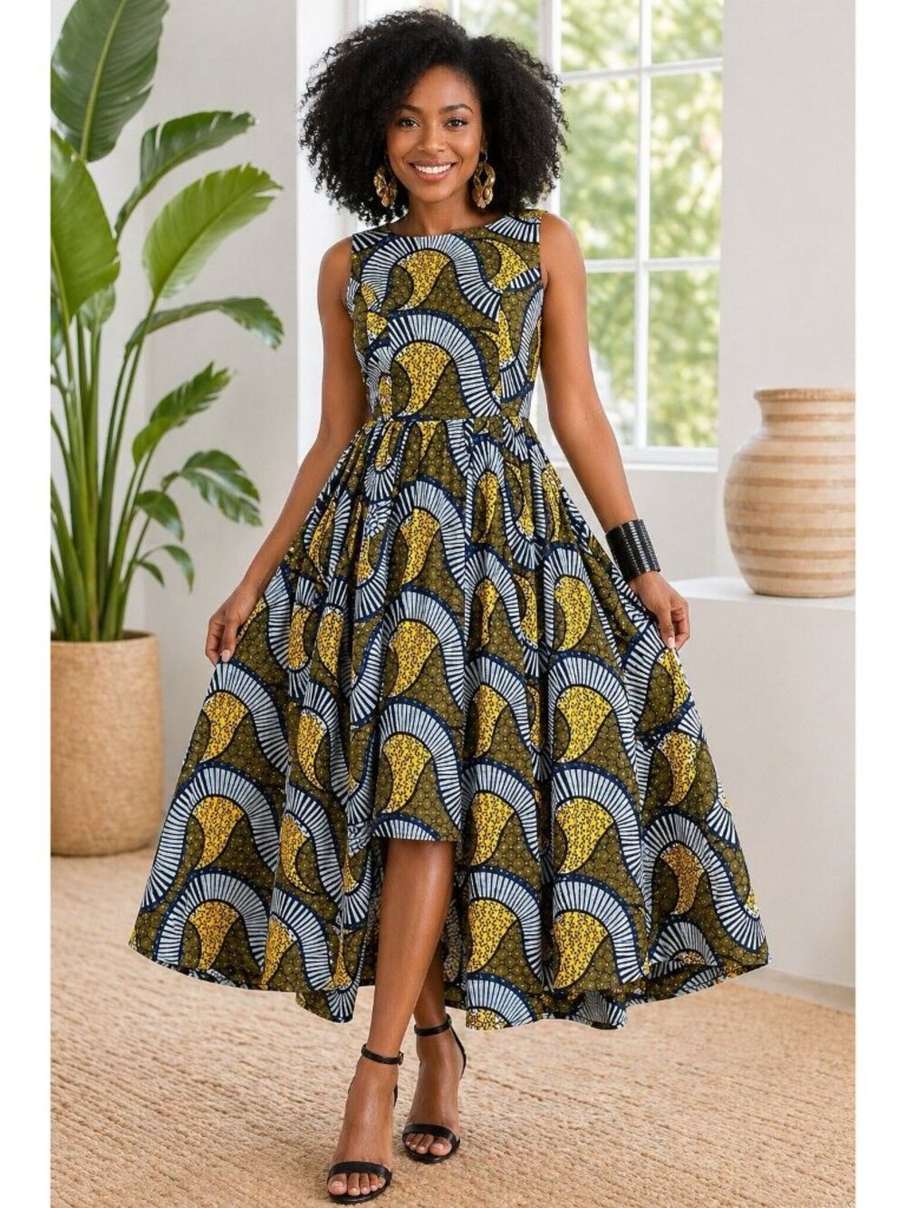 Ashro African Print Dress Women 12 Sleeveless Fit Flare A-line Church Overlay